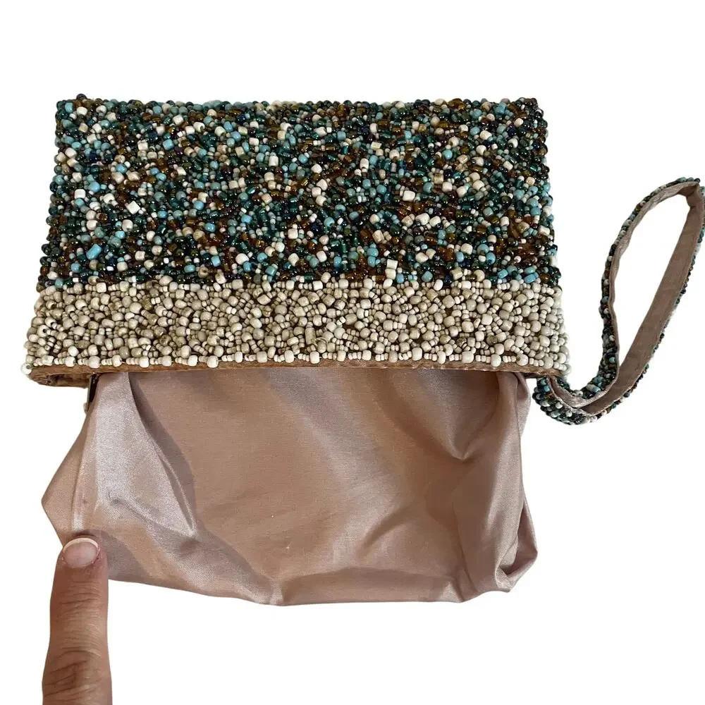 Glass Beaded Mini Wristlet Clutch Y2K Boho Evening Bag Multicolor Blue Cream